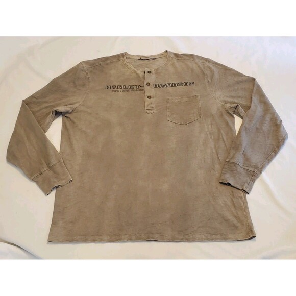 Harley Daivdson Mens Long Sleeve Burnout Snap Front Sz Large Tan Distressed - Picture 1 of 8